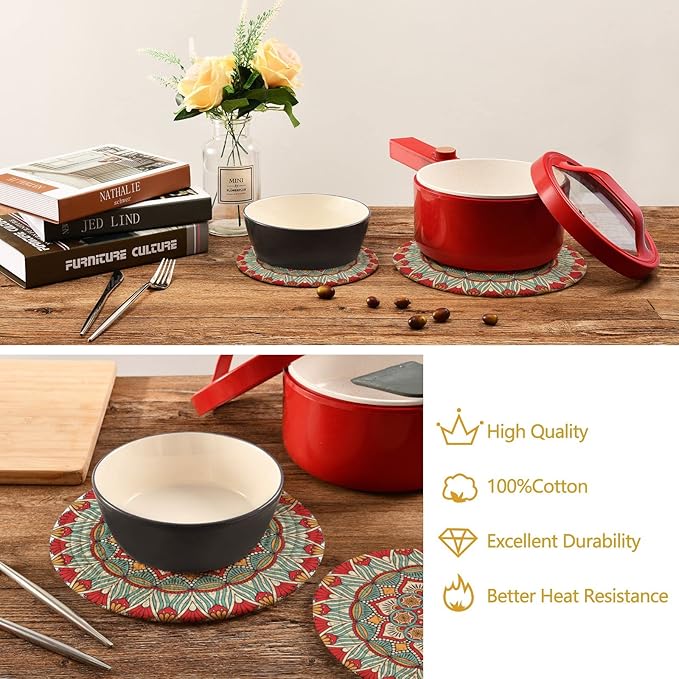 BohoTrivets for Hot Dishes Pots and Pans Potholders Woven Trivet Cotton Round Large Pot Holder Decor Heat Resistant Hot Pads Mat for Table Counter Cooking Potholder Set of 2 (7in + 9in) Mandala