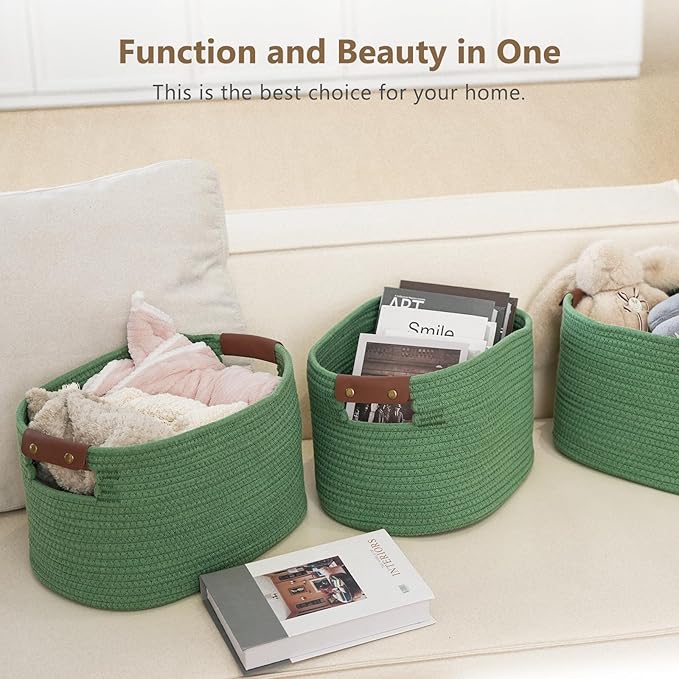 ECDYQXVU Cotton Rope Basket, Storage Baskets with Handle, 15x10x9 Inch Woven Basket for Shelves, Laundry, Towels, Clothes, Books (Green 3Pack)