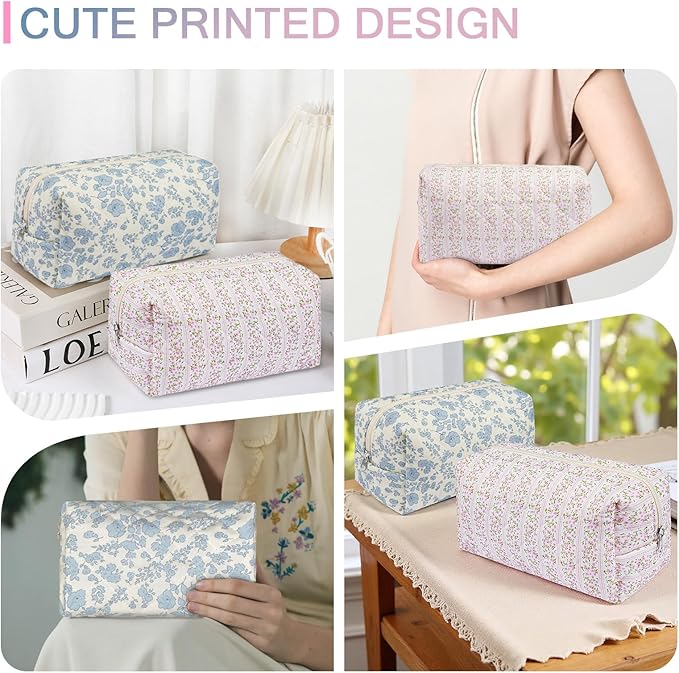 Gosect 2 Pack Floral Makeup Bag, Cute Cosmetic Bag for Women Girls, Quilted Cotton Make up Pouch, Travel Makeup Bags, Portable Storage Toiletry Organizer Bag(Pink+Navy Blue)