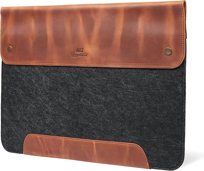 MegaGear Genuine Leather and Fleece MacBook Bag Laptop Sleeve for MacBook Pro and MacBook Air Case 14 Inch - 13 Inch (M4, M3, M2, M2, M1, Pro, Max) 13.3 Inch, iPad Pro 12.9 Inch - 2020 to 2024 Models