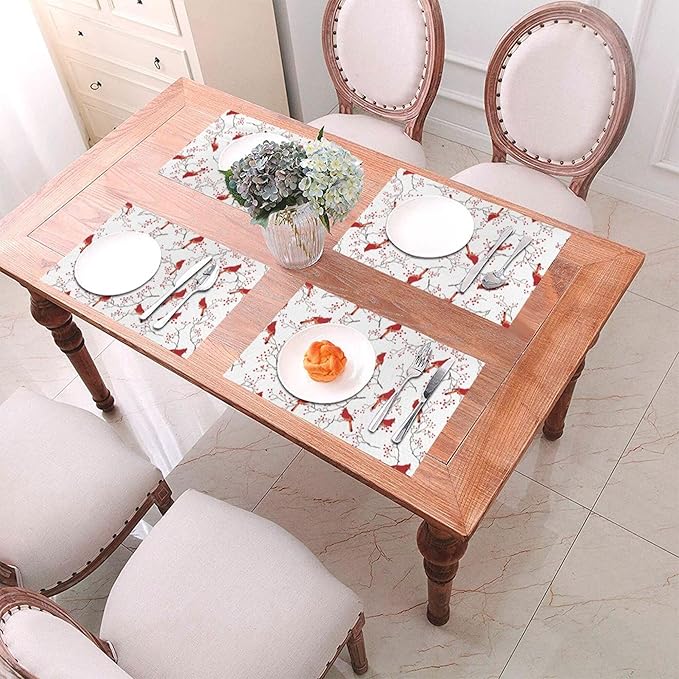 Cardinal Bird Red Berry Decor Placemats Set of 4 Linen 12x18 Inch, Decorative Table Mats for Kitchen Dining Table Heat Resistant Washable Place Mats Home Holiday Decor