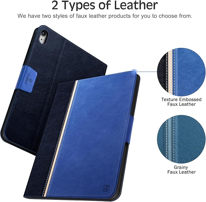 KingBlanc Case for iPad (A16) 11th Generation 11-inch 2025, iPad 10th Generation 10.9" 2022 with Pencil Holder, Vegan Leather Protective Stand Cover, Auto Sleep Wake, Multi-Angle Viewing/Typing, Blue