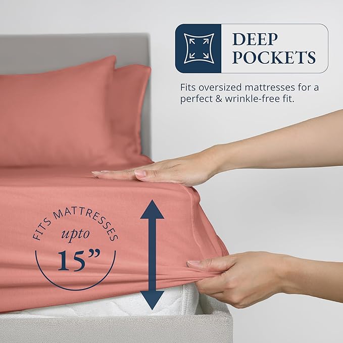 LANE LINEN 100% Organic Cotton Twin Fitted Sheet, 2-Piece Set (1 Fitted Sheet, 1 Pillowcase), Percale Weave, Lightweight, Soft, Breathable, Fits Mattress Upto 15' Deep - Rose Dawn (No Flat Sheet)