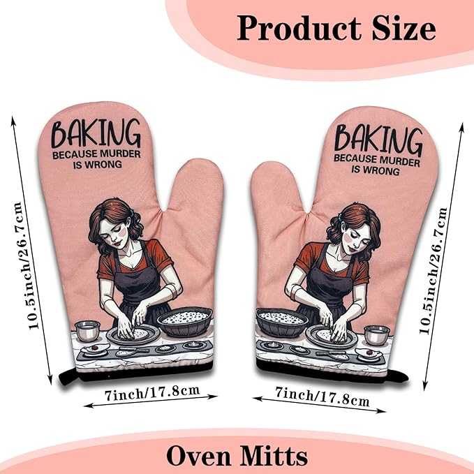 2 Pack Funny Bake Lover Oven Mitts, Baking Because Murder is Wrong, Vintage Lady Heat Resistant Mitts, Humorous Baking Gifts for Mom Wife, Birthday Gifts for Women Hostess Chef Friend Baker