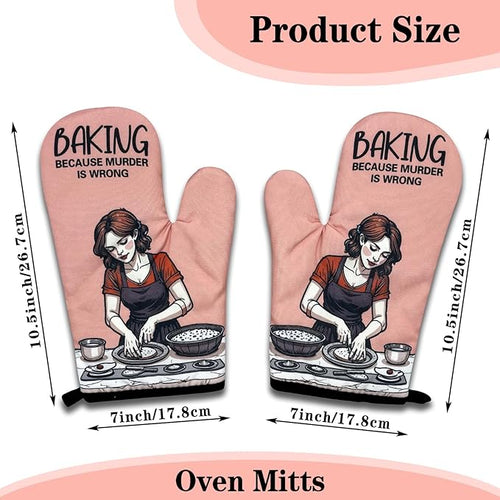 2 Pack Funny Bake Lover Oven Mitts, Baking Because Murder is Wrong, Vintage Lady Heat Resistant Mitts, Humorous Baking Gifts for Mom Wife, Birthday Gifts for Women Hostess Chef Friend Baker