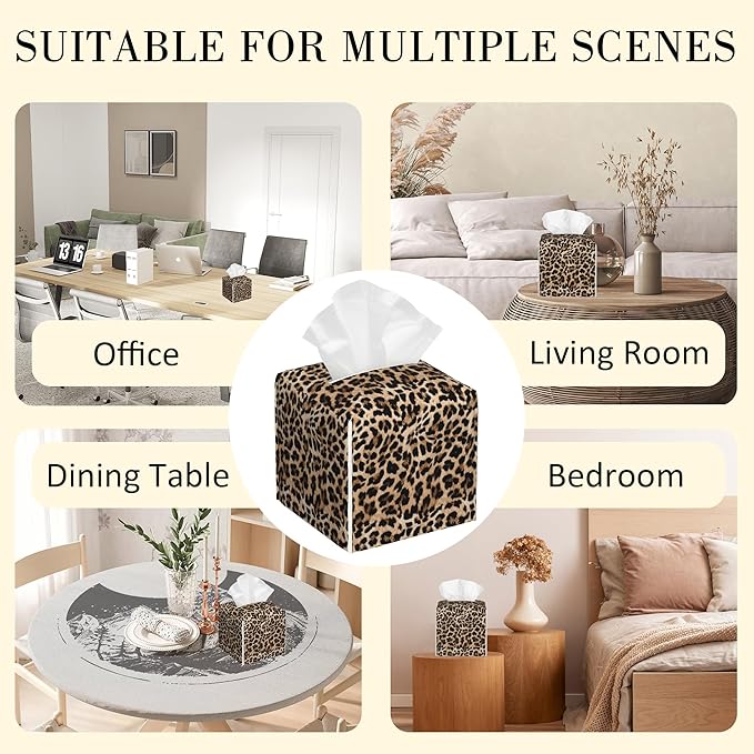 POIUBLE Leather Tissue Box Holder Leopard Print Tissue Box Cover Square Waterproof Tissue Holder Organizer Modern Napkin Holder for Bedroom Dresser Night Stand Office Desk