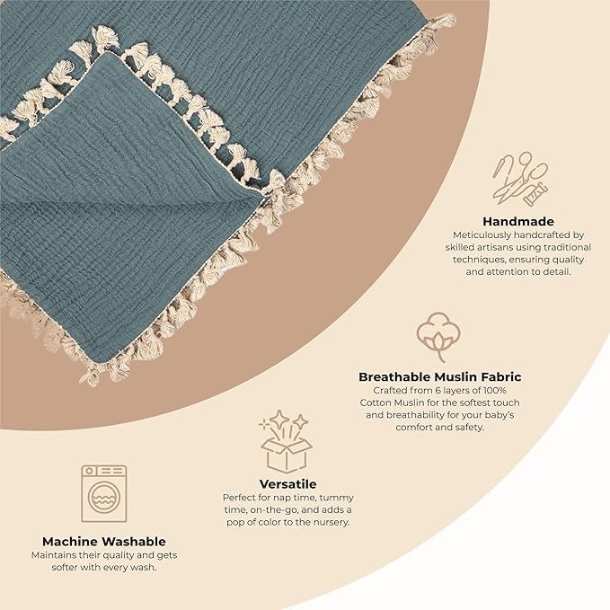 Crane Baby Muslin Swaddle Blanket, Soft Cotton Lightweight Nursery and Stroller Blanket for Baby Boys & Girls, Riverstone, 30" x 40"