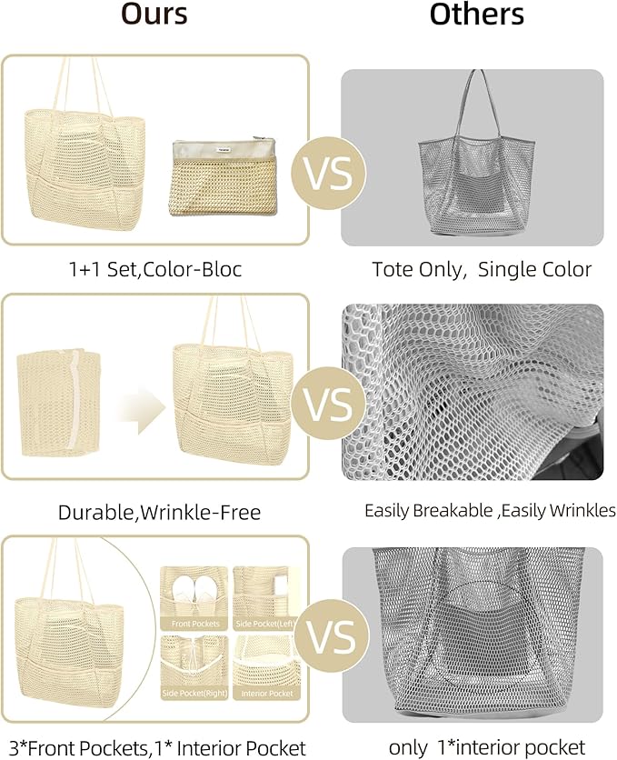ToKismet Mesh Beach Tote Bag Packable,2026 New 2-in-1 Large Lightweight Foldable Beach Bags with Multiple Pockets for Women