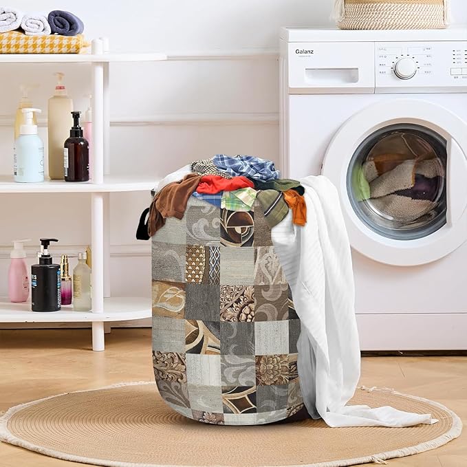 Geometric Patchwork Laundry Basket with Sturdy Handles, Collapsible Oxford Cloth Laundry Hamper Organizer Basket for Bathroom Bedroom 15.7x20 Inch