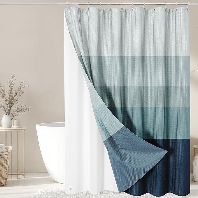 Nesphy Shower Curtain and Liner, Navy and Blue Ombre Striped 3 in 1 Shower Curtain and PEVA Liner Set with 12 Rust-Resistant Metal Hooks, Waterproof Fabric Shower Curtains for Bathroom, 72 W x 72 H