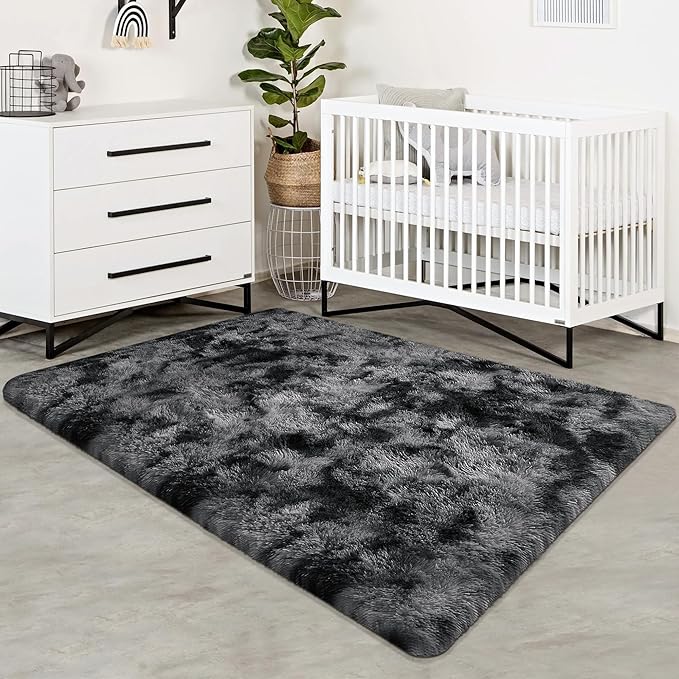 3x5 Dark Grey and Black Shaggy Rug for Bedroom Living Room Soft Fuffly Shag Carpet Plush Gray Area Rug Indoor Furry Kids Play Mat for Girls Boys Room Dorm Nursery Home, Tie Dye