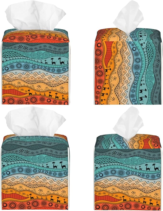 POIUBLE African Tribal Tissue Box Cover Leather Tissue Box Holder Square Facial Paper Organizer Dispenser for Bathroom Kitchen Bedroom Vanity Countertop Night Stands