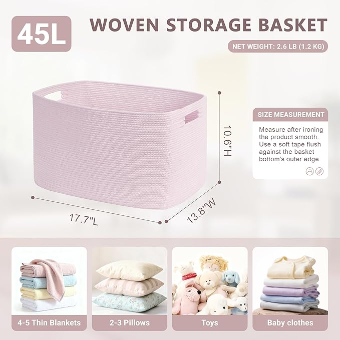 SunNewt 45L Small Baby Girls Laundry Basket for Nursery Storage,Cute Woven cotton Rope Baskets for Kids Toy，Gifts, Boho Square Wicker Blanket hamper for Living Room,Bedroom Dirty Clothes,Pink