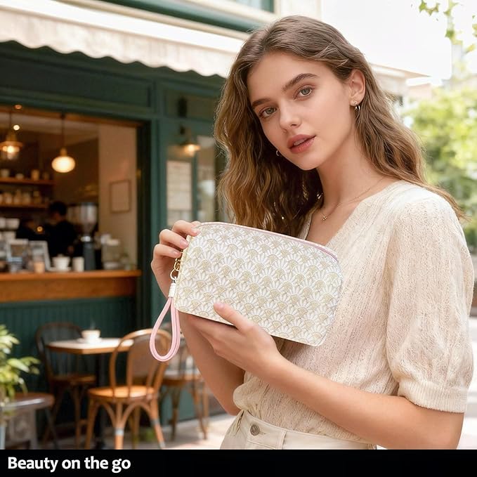 STARDW Aesthetic Floral Makeup Bag with Wrist Strap, Small Cute Cosmetic Pouch for Women with Zipper and Canvas Lining