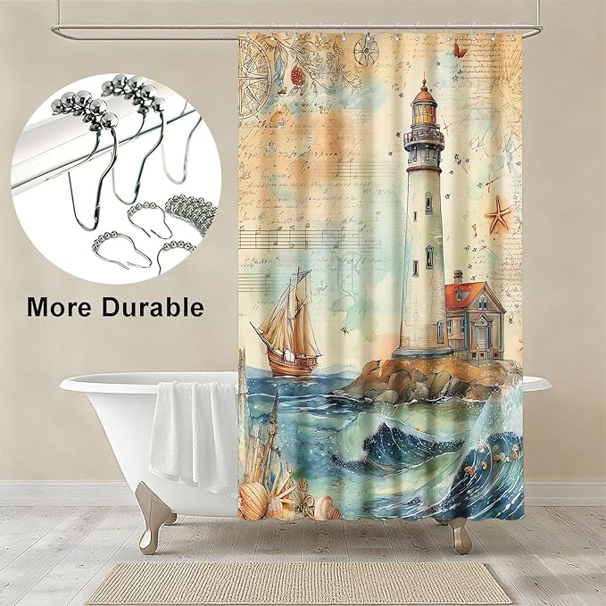 mutakin Nautical Shower Curtain Coastal Lighthouse Shower Curtains for Bathroom Waterproof Fabric Bath Curtain Decor with Hooks