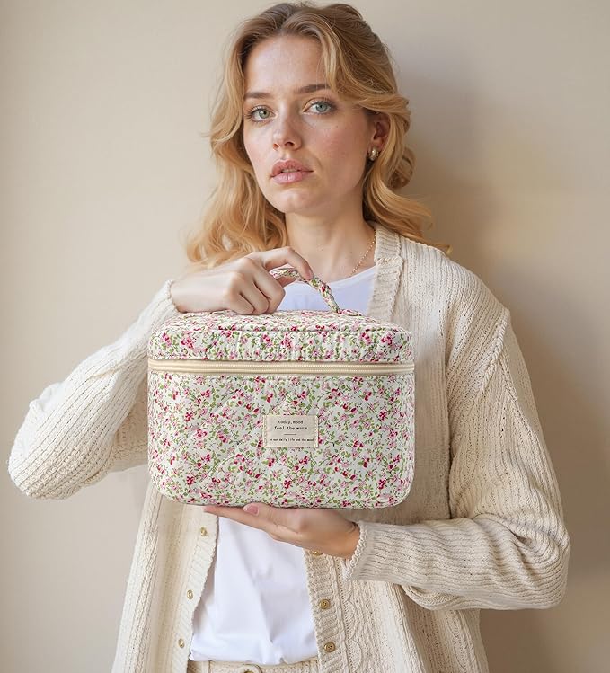 HBselect Christmas Gifts Large Quilted Makeup Bag, Cute Cotton Travel Makeup Bag with Handle, Portable Coquette Floral Make up Bags, Toiletry Organizer Make up Bags for Women Teen Girls Mom