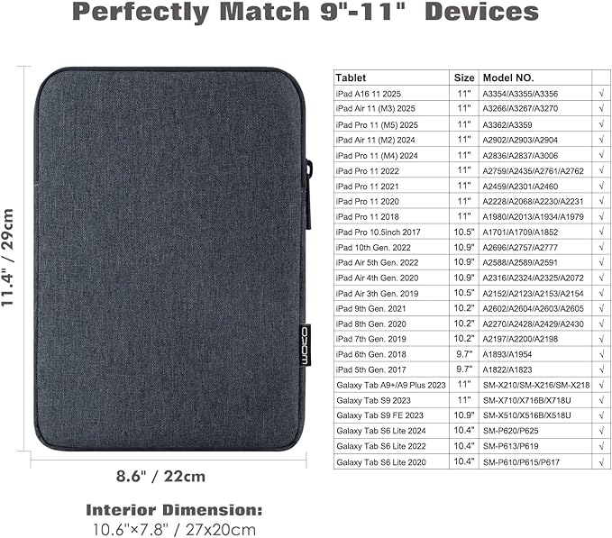 MoKo 9-11 Inch Tablet Sleeve Bag Carrying Case Fits New 11inch iPad Air M3, iPad A16 2025, iPad Pro 11 M4, Air 5/4/3, iPad 10/9/8th Gen, Tab S8/S9 11", Space Gray | Carrying Case, Space Gray