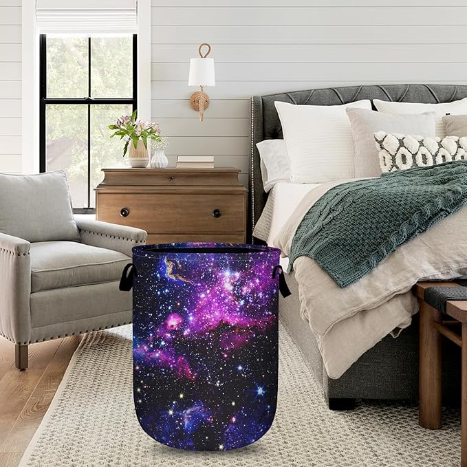 Purple Starry Sky Laundry Basket with Sturdy Handles, Galaxy Collapsible Oxford Cloth Laundry Hamper Organizer Basket for Bathroom Bedroom 15.7x20 Inch
