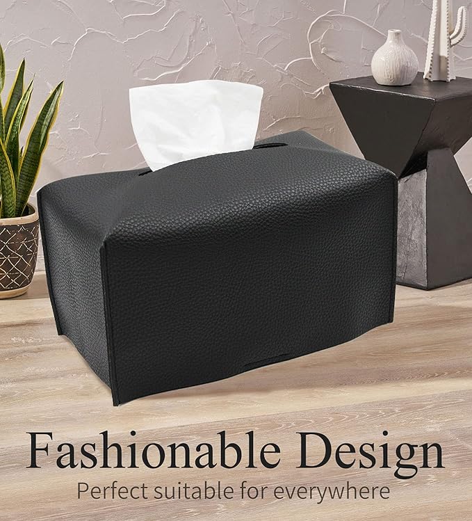 Livelab Tissue Box Cover, Modern Decorative PU Leather Rectangular Tissue Box Case Organizer Holder for Vanity Countertop, Night Stands, Livingroom, Office Desk & Car 9.5X5X5'' | Black