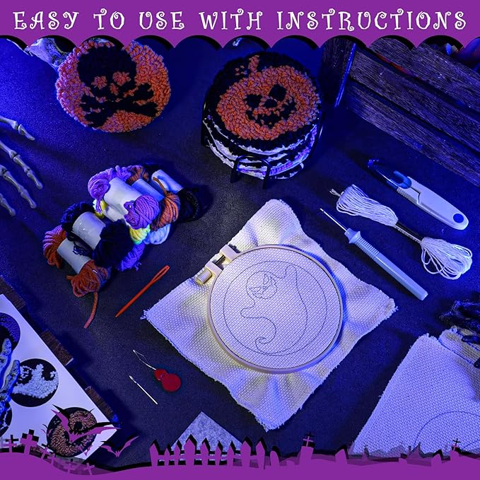 Yaomiao 6 Pcs Halloween Punch Needle Coaster Kit Punch Needle Embroidery Kits Craft Supplies with Patterns Yarns Tools Adhesive Felt Embroidery Hoop Instruction Holder for Adult DIY