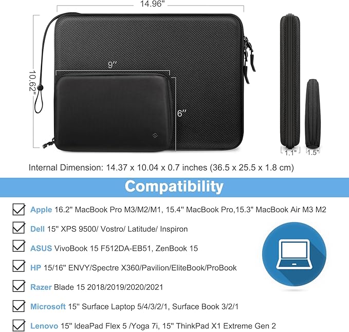 FINPAC Hard Laptop Sleeve with Accessory Pouch Compatible with 15.3 inch MacBook Air M4 M3 M2 2025 2024, 16.2 inch MacBook Pro M4/M3/M2/M1 Pro/Max, Waterproof Case for Surface Laptop/Book, Black