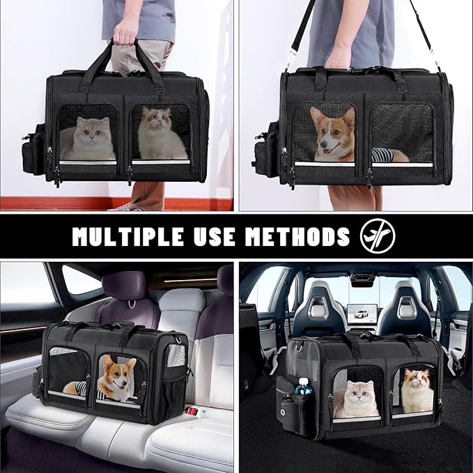 Groxkox Cat Carrier for 2 Cats, Foldable Double Cat and Dog Carrier, Small to Medium Size, 2 Front Zippered Compartments,Two Pets Carrier for Outdoor Travel,Mulitple Cat Carrier (Black)