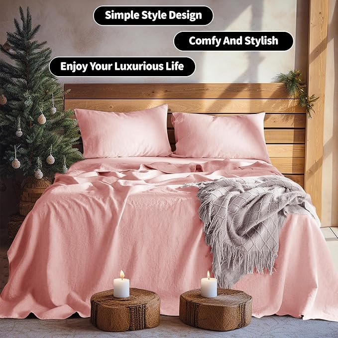 LBRO2M 100% Linen Sheet Set 16" Deep Pocket Queen Size,Bed Sheets 4 Piece Sets,Solid Color Natural Flax Bed Sheets Soft Breathable Bedding, All Season (Queen, Blush Pink)
