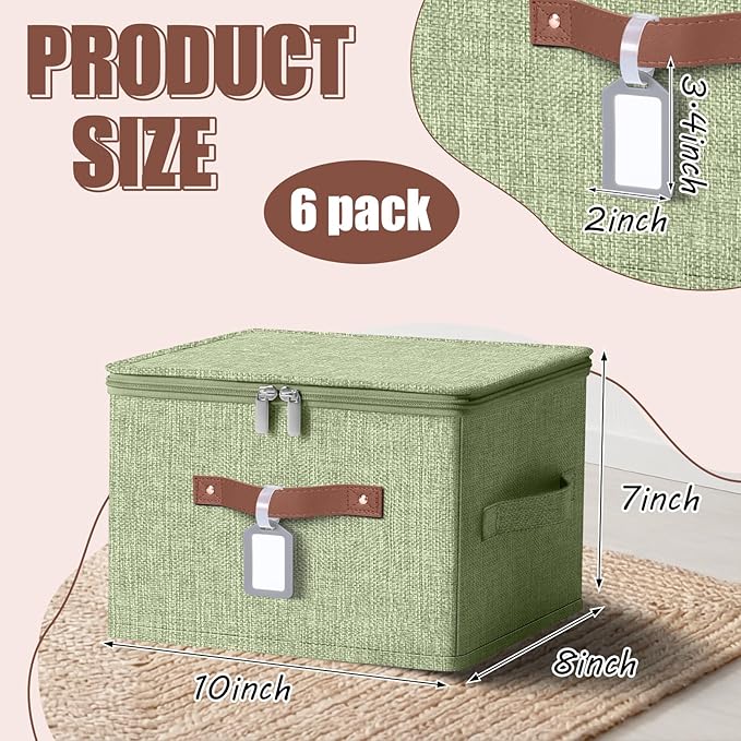 Fiwochic 6 Pack Fabric Storage Bins with Lids and Label, 10×8×7Inch Foldable Cotton Linen Cute Storage Boxes with PU Leather Handles for Closet, Bedroom, Shelf, Nursery, Green