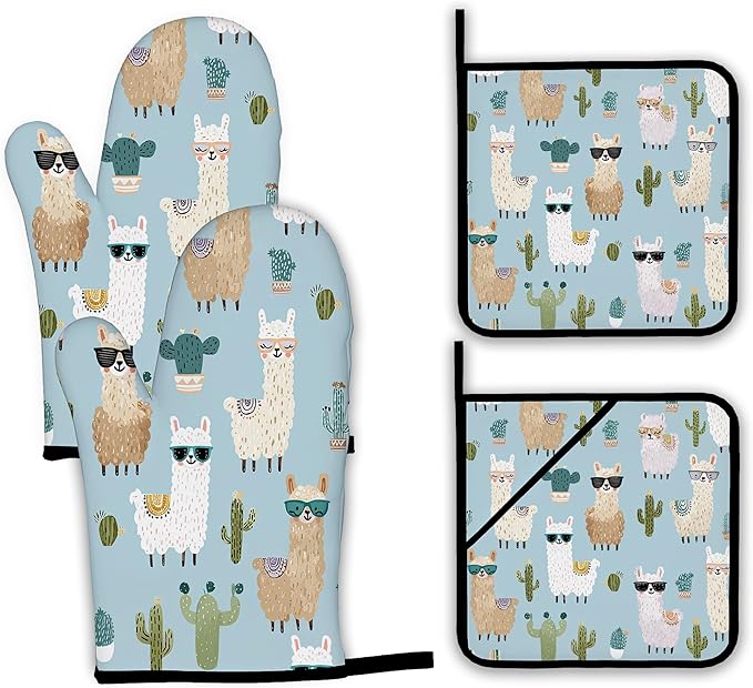 Cute Alpacas Oven Mitts and Pot Holders Set,Cactus Kitchen Decor Heat Resistant Non Slip Hot Pads and Oven Mitt for Chef Cooking Baking BBQ Mom Girl Gifts(4 Piece Set)