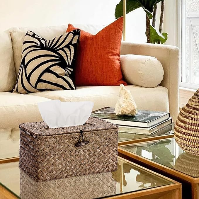 Sumnacon Tissue Box Cover Large Rectangle Tissue Box Seagrass Tissue Box Holder Woven Tissue Holder Decorative Tissue Cover for Bathroom Tissue Box Cover Rectangular for Home Office Table Coffee