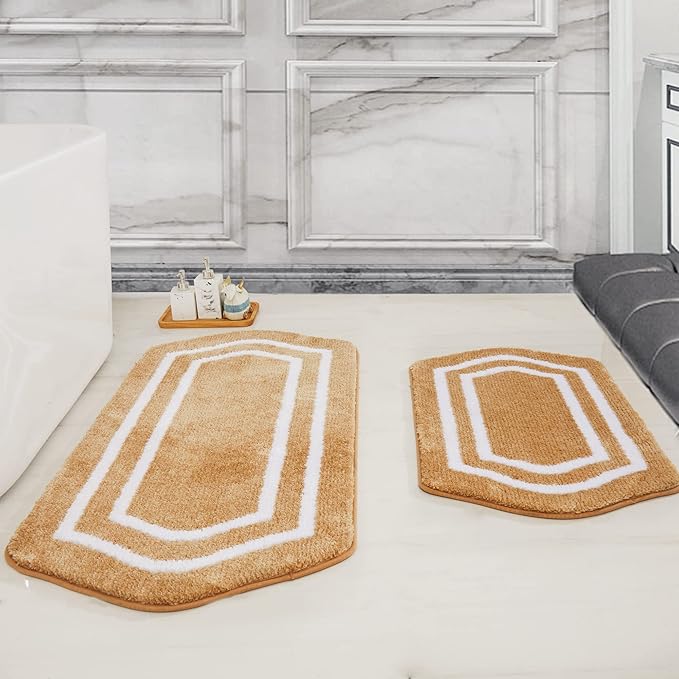 COSY HOMEER Extra Thick Bath Rugs Set - Anti-Slip Bath Mats Soft Plush 100% Strong Mirco Polyeste Mat Living Room Bathroom Mat Floor Water Absorbent(Beige,20/inch X 32/'' + 24/inch X 48/ inches)