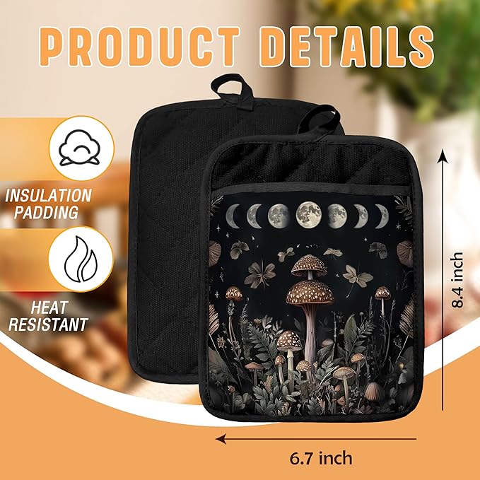 Enchanted Forest Witchy Moon Mushroom Pot Holders with Pockets, Cottagecore Mystical Butterfly Botanical Oven Pot Holders Heat Resistant Oven Mitts Hot Pads for Kitchen Baking Cooking