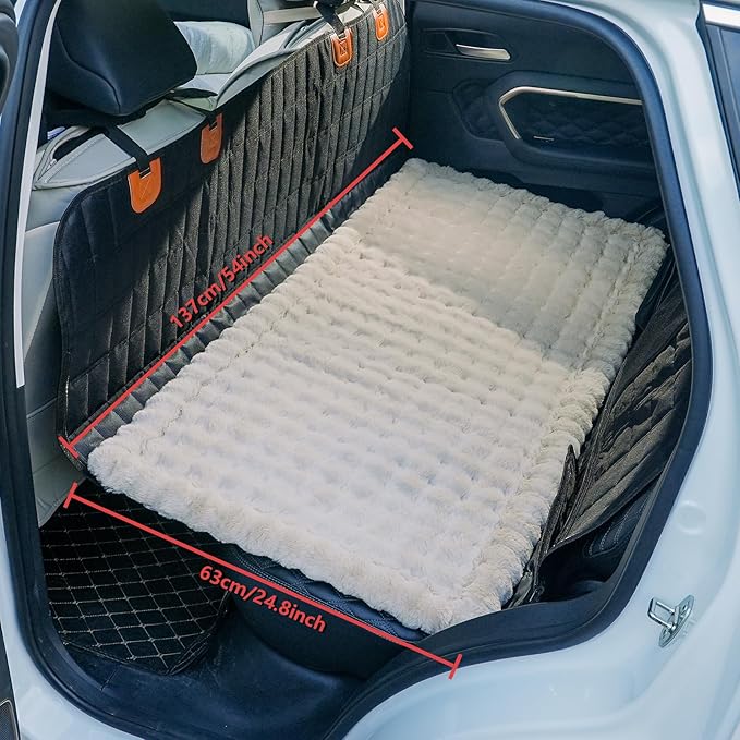 AEEISHOMEREFORM Dog Car Seat Cover for Back Seat, Plush Dog Bed Mat for Car, Fit for Backseat Extenders, Travel Pet Mat, Nonslip Soft Pet Pad for Cars Trucks and SUVs (Khaki, 24.8x54 inch)
