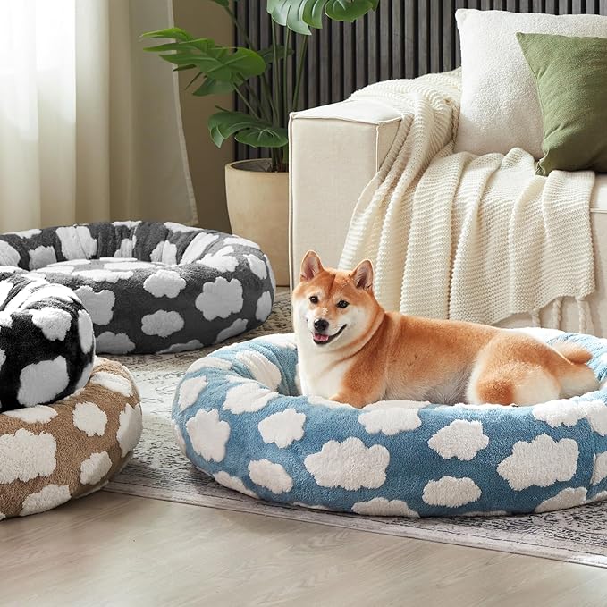 JOEJOY Donut Large Dog Bed, Cute Round Calming Dog Bed with Removable Washable Cover, Orthopedic Pet Beds with Jacquard Shaggy Plush & Non Skid Bottom, Black