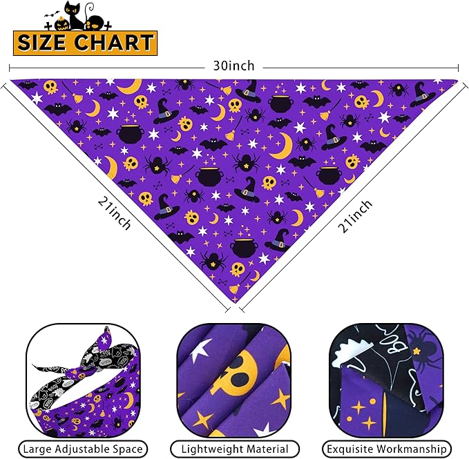 Halloween Dog Bandanas Reversible 2 Pack Large, Orange Black Spider Web Ghost Cute Halloween Pet Bandanas for Dogs Adjustable Triangle Holiday Scarves for Medium Large Extra Large Boy Girl Dogs