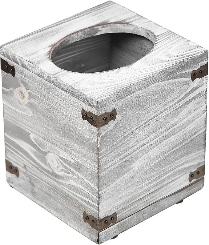 Distressed Farmhouse Square Solid Wood Tissue Box Cover with Slide-Out Bottom Panel Honey Brown Tissue Box Holder for Bathroom Living Room Dining Room Bedroom Toilet (White Grayish)