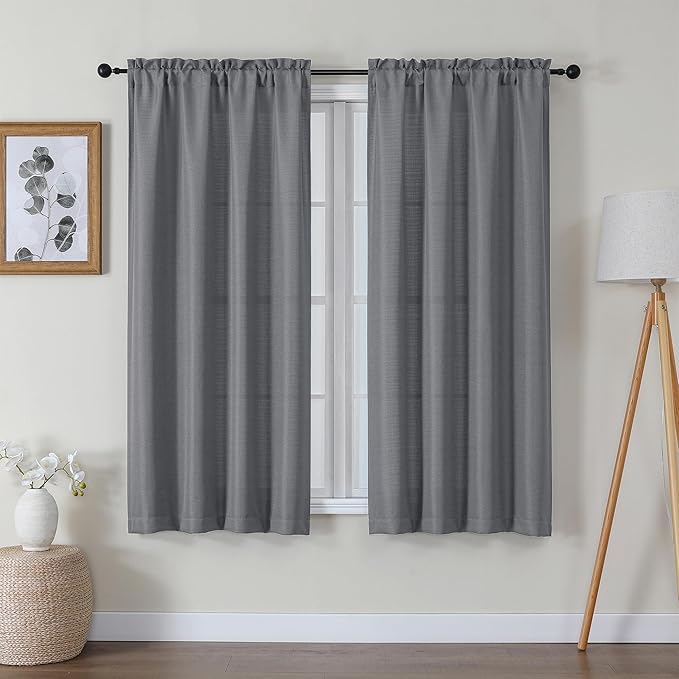 Lecloud Bessie Dark Grey Curtains 63 Inch Length 2 Panels, Light Filtering Curtains for Bedroom, Faux Linen Textured Window Drapes Rod Pocket, Window Treatments for Living Room, Each 40 W x 63 L