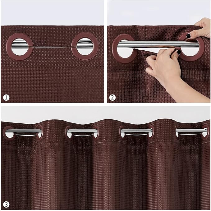 MitoVilla Brown Waffle Small Stall Shower Curtain Liner Set 36 x 74, No Hooks Required Half Size Narrow Fabric Shower Curtain Set with Snap-in Liner for Modern Farmhouse Bathroom Decor, Dark Brown
