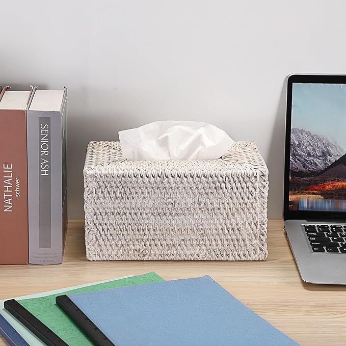 Sumnacon Tissue Box Cover Large Rectangle Tissue Box Rattan Tissue Box Holder,Wicker Decorative Tissue Holder for Bathroom Toilet Living Room Kitchen Office Table Desk,Whitewash