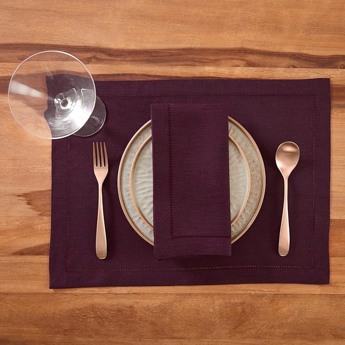 Solino Home Linen Cloth Placemats Set of 4-100% Pure Linen Hemstitch Chambray Burgundy Placemats 14 x 19 Inch - Milan Hemstitch Table Place Mats for Valentines, Winter