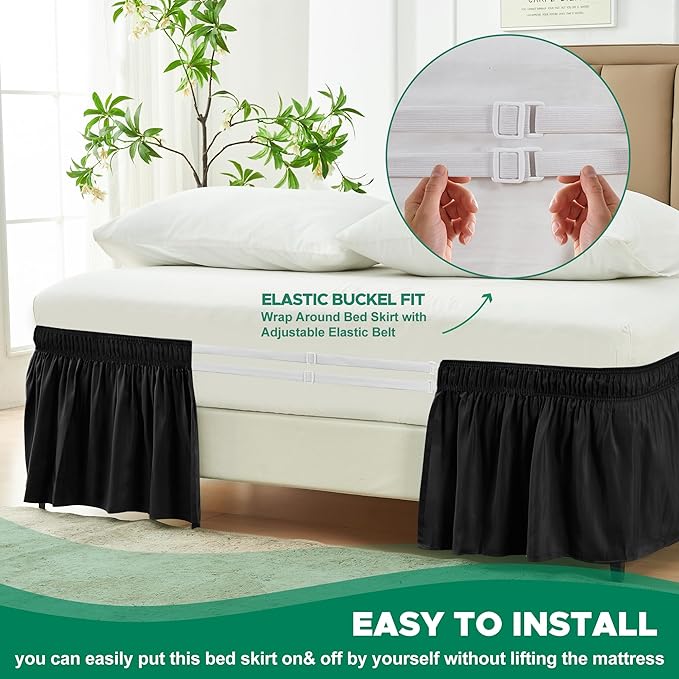 Biscaynebay Wrap Around Bed Skirts for King & Cal King Beds 17" Long Drop, Black Adjustable Elastic Dust Ruffles Easy Fit Wrinkle & Fade Resistant Silky Luxurious Fabric Solid Machine Washable