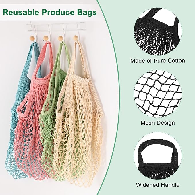 M METERXITY 1-Pack Cotton Mesh Bag, Reusable Washable Mesh Net String Grocery Bags, Reusable Produce Bags with Handle, Net Tote Bag for Fruits/Vegetables Shopping [Black, Short Handle]