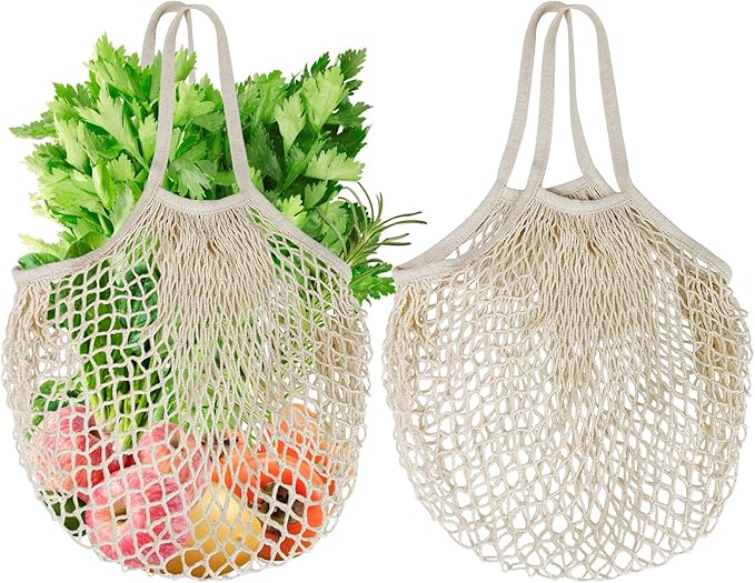 Mordx 2-Pack Reusable Mesh Grocery Bags, 100% Cotton String, Long Handle Produce Bags, Fruit & Veggie Storage