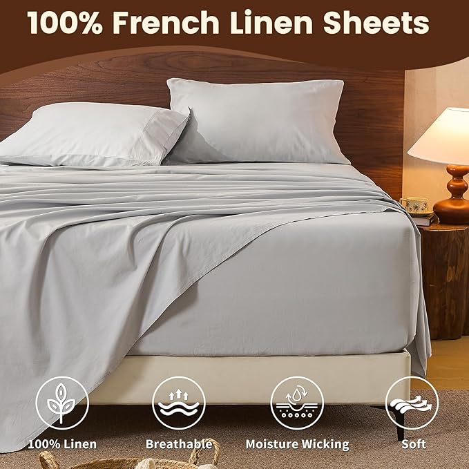 100% Linen Sheet Set Cal King Size Extra Deep Pocket Fits 18-24 Inch Mattress, Breathable & Soft, Smooth 6-Piece Set for Thick Mattresses Hotel Luxury Bedding（Cal King, Grey）