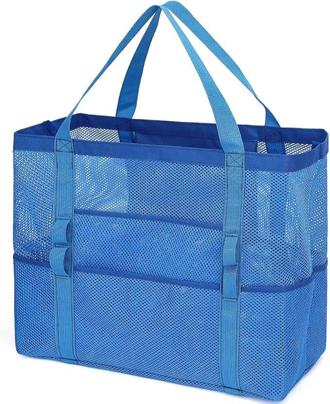 Fammart Mesh Beach Bag, Large Beach Tote with Zipper Pocket for Family Pool Bag for Toys & Vacation Essentials