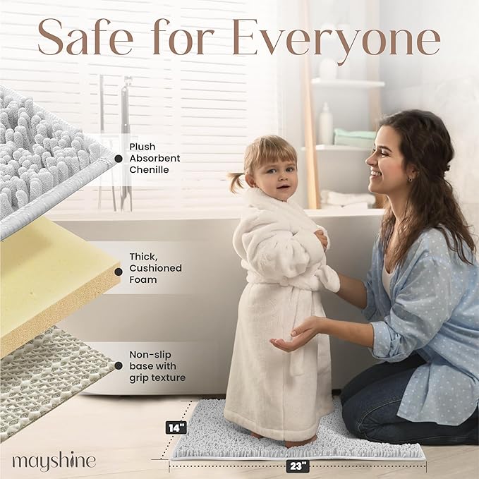 MAYSHINE Plush Shaggy Chenille Bath Mat | Extra Soft, Super Absorbent, Non-Slip Bathroom Rug | Fluffy Microfiber, Area Rug Sets for Bathroom Floor, Kitchen, Living Room | 32"x20" | White