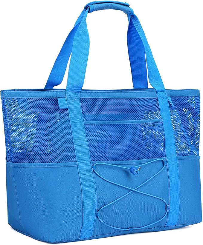 Fammart Mesh Beach Bag, Large Beach Tote with Zipper Pocket for Family Pool Bag for Toys & Vacation Essentials