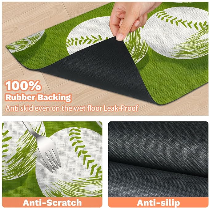 Eizlang Baseball Dog Cat Food Mat,12"x20" Inches Rapid Absorbent Pet Feeding Mat,Green Pets Placemat Water Bowl Mats with Rubber Backing,No Stains Cat Dog Feeding Mats Indoor,Pet Accessories Supplies