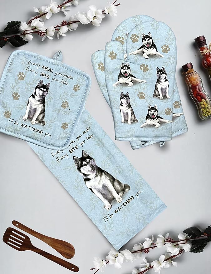 Siberian Husky 3-Piece Kitchen Set -Oven Mitt, Pot Holder & Kitchen Towel Set, Heat Resistant up to 420 F, Soft Quilted Cotton for Cooking, Baking, BBQ, Pet Lover Gifts (Siberian Husky)
