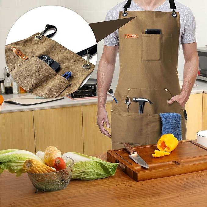Professional Chef Apron for Mens, 100% Cotton Canvas, Kitchen Cooking BBQ Grilling Apron, Durable